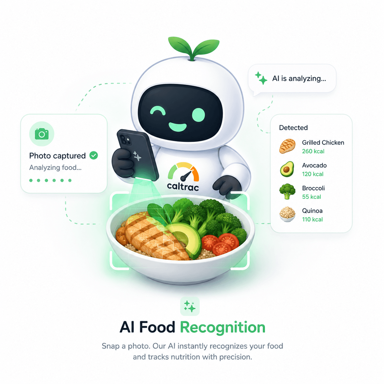 AI Food Recognition — take a photo and AI instantly identifies your food and tracks nutrition.
