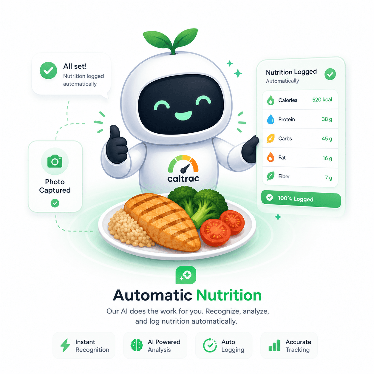 Automatic Nutrition — AI recognizes, analyzes, and logs calories and macros automatically.