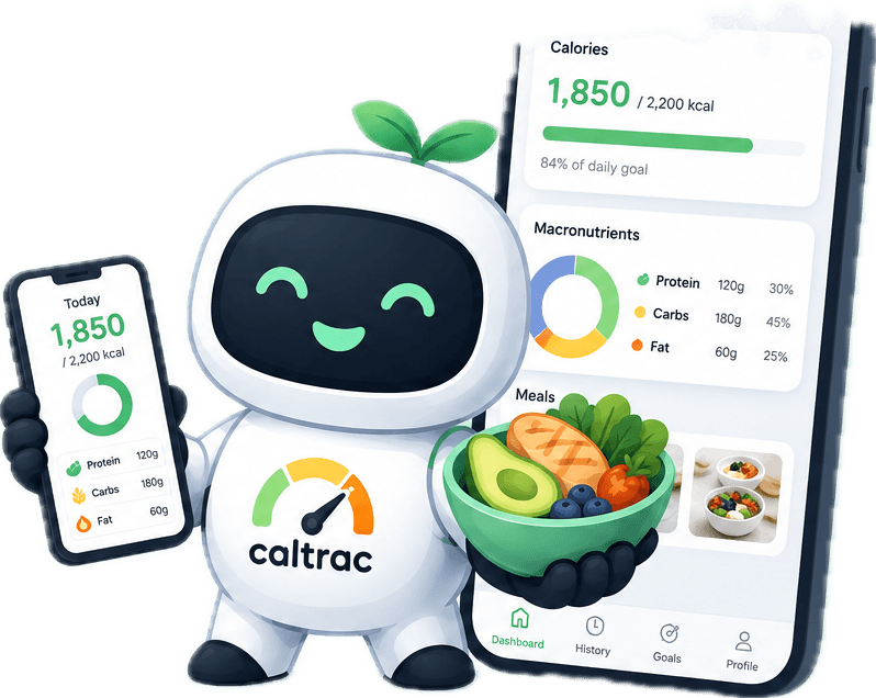 Caltrac mascot holding a phone showing calorie and macro tracking